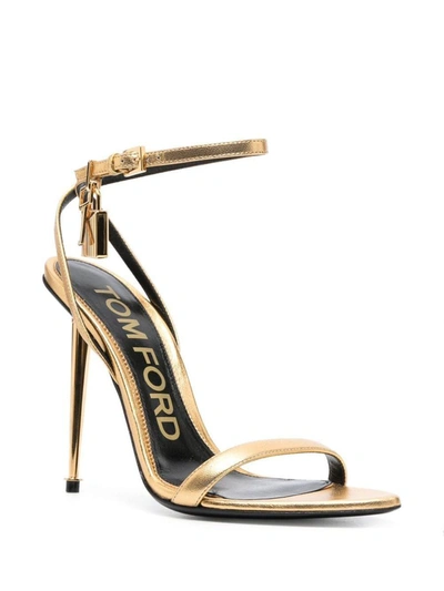 Shop Tom Ford Pointed Laminated Leather Heel Sandals In Golden