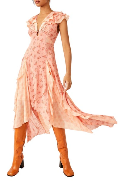 Shop Free People Joaquin Floral Ruffle Plunge Dress In Peach Combo