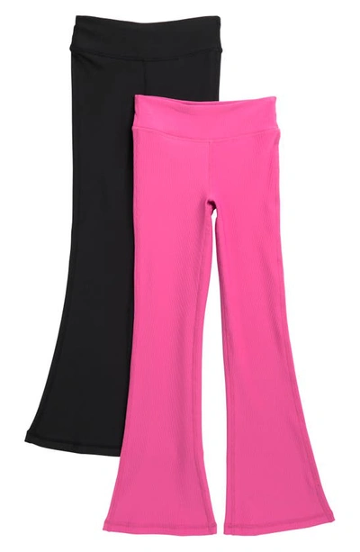 90 Degree By Reflex Kids' 2-pack Everyday High Waist Ribbed Flare Leggings  In Raspberry Rose/ Black