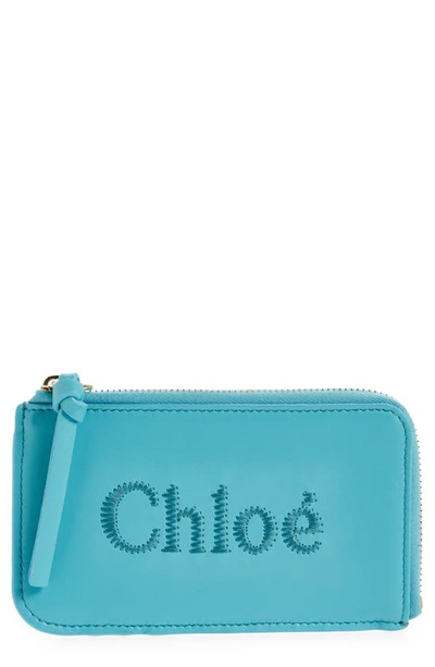 Shop Chloé Sense Leather Zip Card Case In Aqua Sea 46k