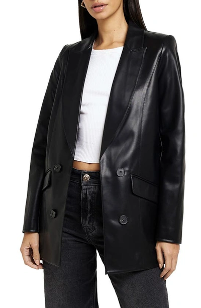 Shop River Island Double Breasted Faux Leather Blazer In Black