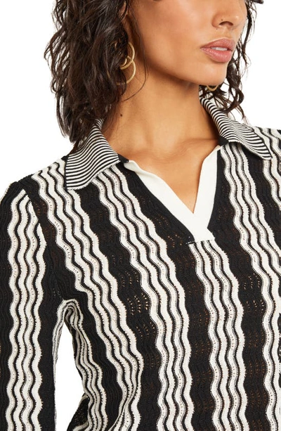 Shop Misook Pointelle Stitch Intarsia Short Sleeve Sweater In Black/white