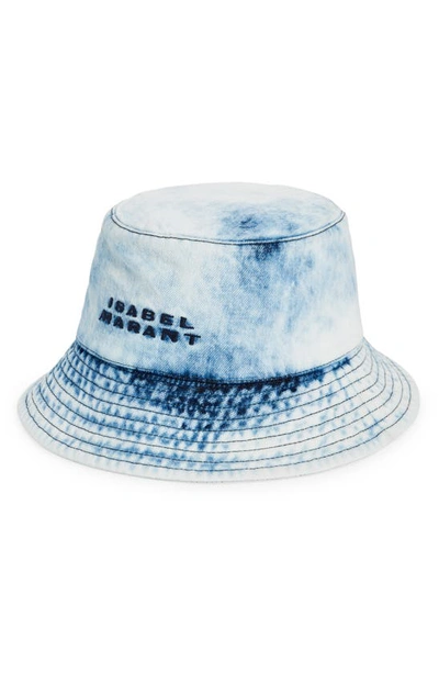 Shop Isabel Marant Giorgia Embroidered Acid Wash Denim Bucket Hat In Light Blue 30lu