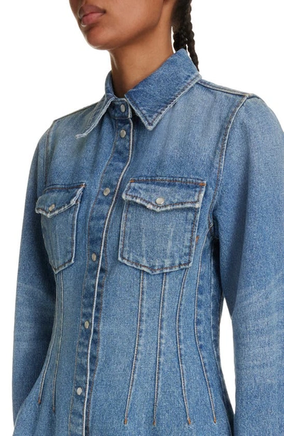 Shop Chloé Corset Detail Fitted Denim Snap Front Shirt In Foggy Blue