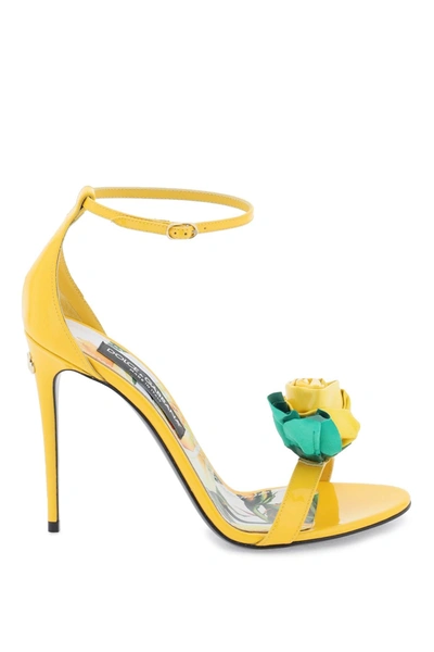 Shop Dolce & Gabbana Patent Leather Sandals With Flower Women In Yellow