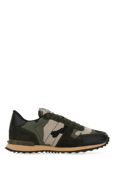 Shop Valentino Garavani Man Multicolor Fabric And Leather Rockrunner Camouflage Sneakers In Green
