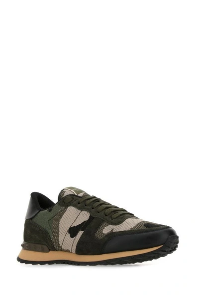 Shop Valentino Garavani Man Multicolor Fabric And Leather Rockrunner Camouflage Sneakers In Green