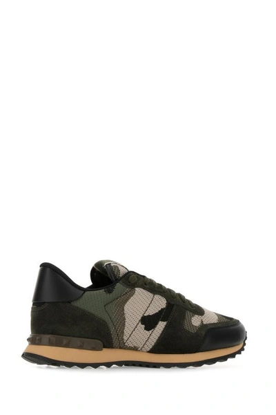 Shop Valentino Garavani Man Multicolor Fabric And Leather Rockrunner Camouflage Sneakers In Green