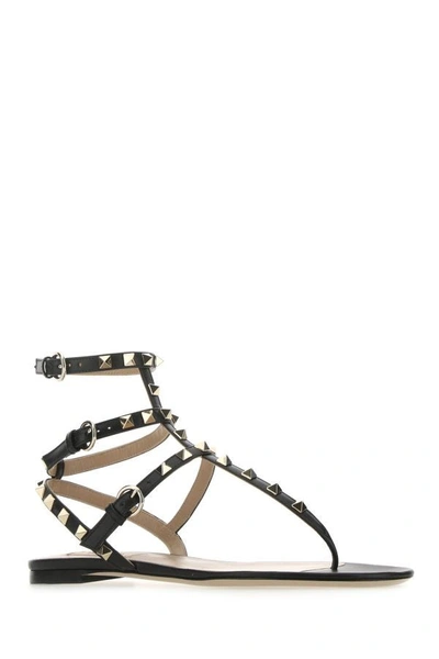 Shop Valentino Garavani Woman Black Leather Rockstud Thong Sandals