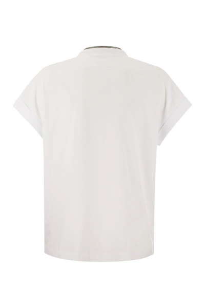 Shop Brunello Cucinelli Stretch Cotton Jersey T-shirt With Precious Neckline In White