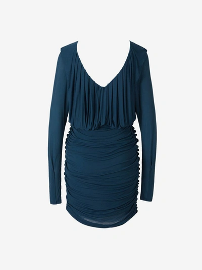 Shop Saint Laurent Ruched Mini Dress In Blue
