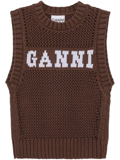 Shop Ganni Logo Crochet Vest In Brown