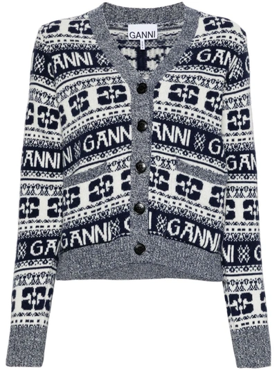 Shop Ganni Logo Wool Cardigan In Grey