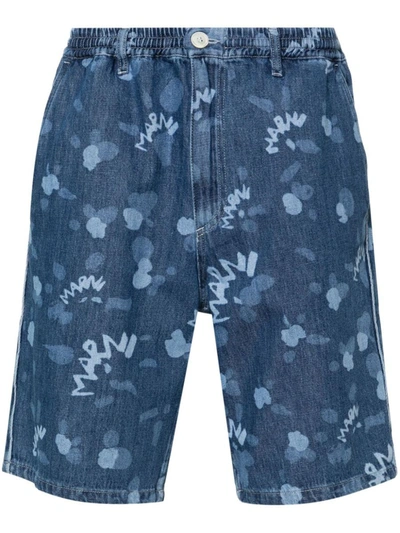 Shop Marni Printed Denim Shorts In Blue