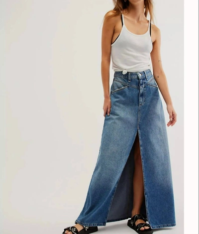 Shop Free People We The Free Come As You Are Denim Maxi Skirt In Sapphire Blue With Slit In Multi