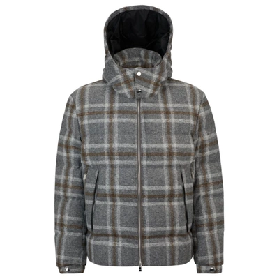 Shop Hugo Boss Down Jacket With Checked Pattern In Grey