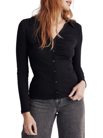 Shop Madewell Womens Ruched Polo Cardigan Sweater In Black