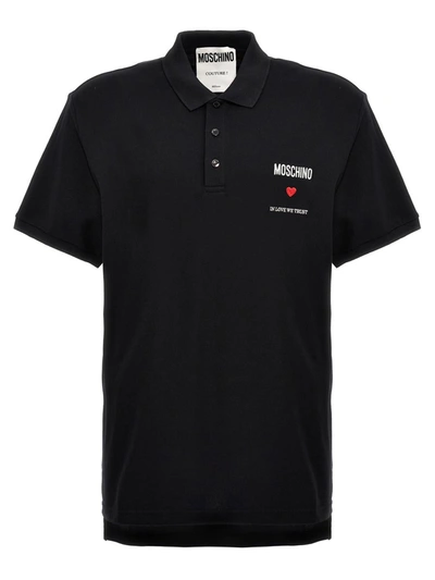 Shop Moschino 'in Love We Trust' Polo Shirt In Black