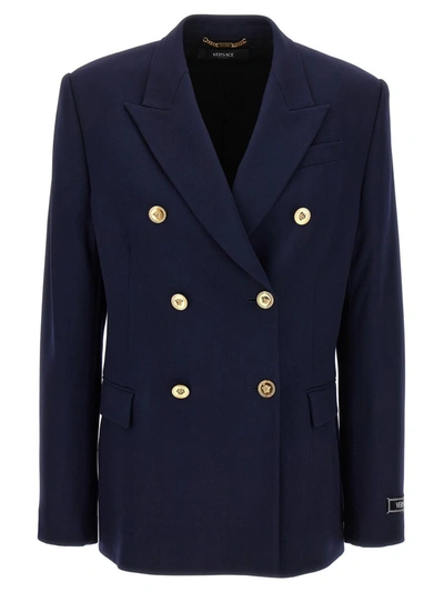 Shop Versace Double-breasted Blazer In Blue