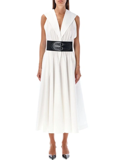 Shop Alaïa Belted Hooded Dress In White/black