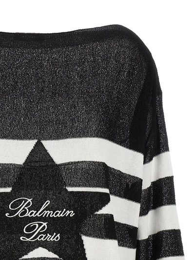 Shop Balmain Logo Embroidery Striped Sweater In White/black