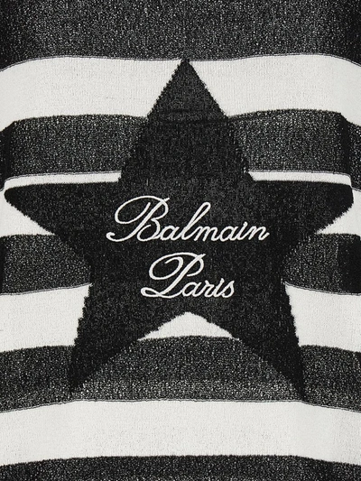 Shop Balmain Logo Embroidery Striped Sweater In White/black