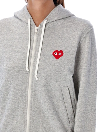 Shop Comme Des Garçons Play Pixel Red Heart Hoodie In Grey