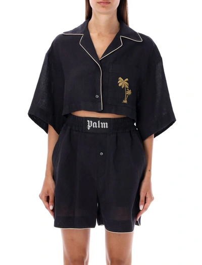 Shop Palm Angels Cropped Linen Bowling Shirt In Black/gold