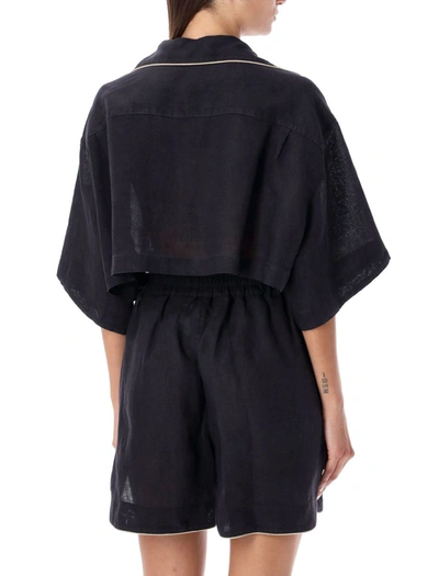 Shop Palm Angels Cropped Linen Bowling Shirt In Black/gold
