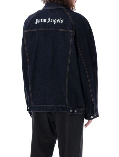 Shop Palm Angels Raw Wash Logo Denim Jacket In Navy