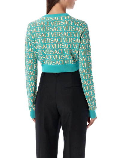 Shop Versace Allover Knit Cardigan In Turquoise