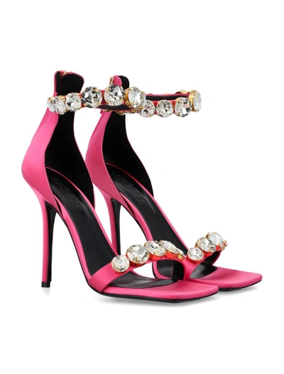 Shop Versace Crystal Satin Sandals In Fucsia