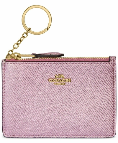 Shop Coach Women's  Leather Metallic Small L Zip Key Fob Card Case In Pink