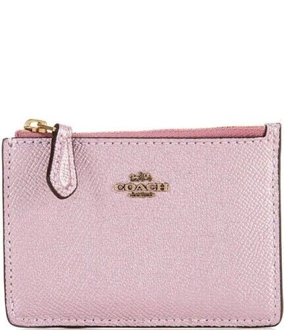 Shop Coach Women's  Leather Metallic Small L Zip Key Fob Card Case In Pink