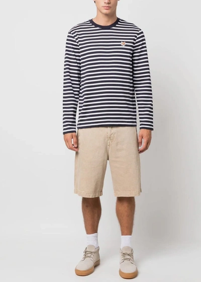 Shop Maison Kitsuné Maison Kitsune Navy Striped Fox Head Patch Long Sleeve In Navy Stripes