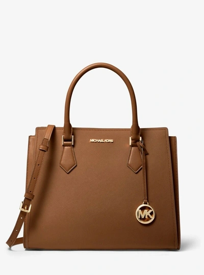 Shop Michael Kors Hope Large Leather Satchel Messenger Bag In Brown