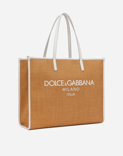 Dolce & Gabbana Large Honey-colored Raffia Tote With Leather Accents And Logo Detail In ベージュ