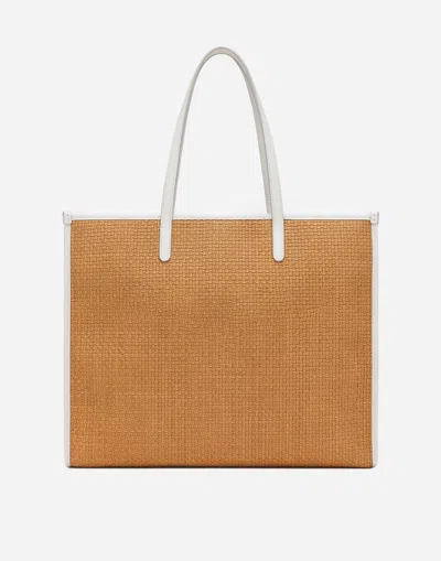 Dolce & Gabbana Large Honey-colored Raffia Tote With Leather Accents And Logo Detail In ベージュ