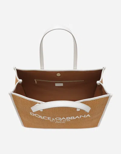 Dolce & Gabbana Large Honey-colored Raffia Tote With Leather Accents And Logo Detail In ベージュ