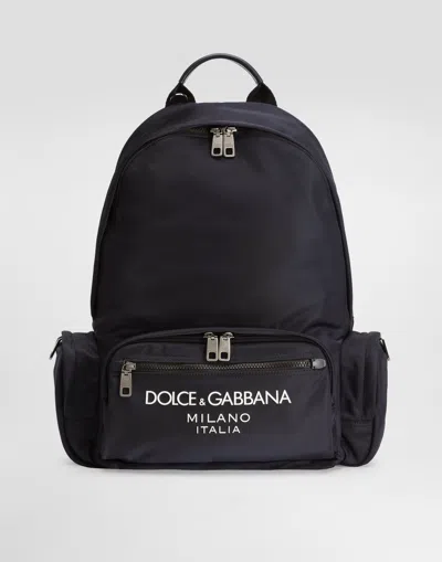Dolce & Gabbana Sleek Black Backpack With Prominent White Logo Print In ブルー