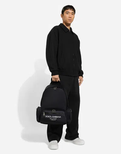Dolce & Gabbana Sleek Black Backpack With Prominent White Logo Print In ブルー