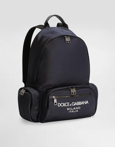 Dolce & Gabbana Sleek Black Backpack With Prominent White Logo Print In ブルー