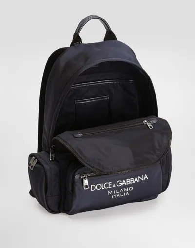 Dolce & Gabbana Sleek Black Backpack With Prominent White Logo Print In ブルー