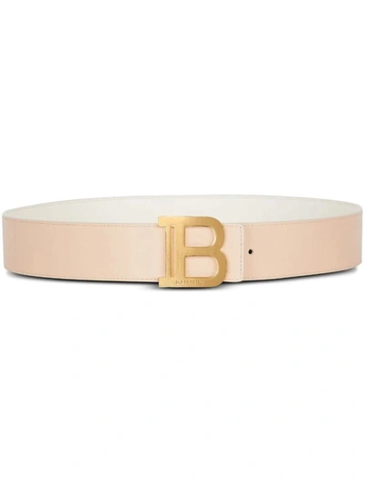 Shop Balmain 4cm Reversible Calfskin Belt Accessories In Gru Creme Nude Rose
