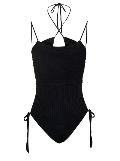 Shop Andreädamo Black Ribbed Body-suit With Cut-out Detail And Halterneck In Viscose Blend Woman