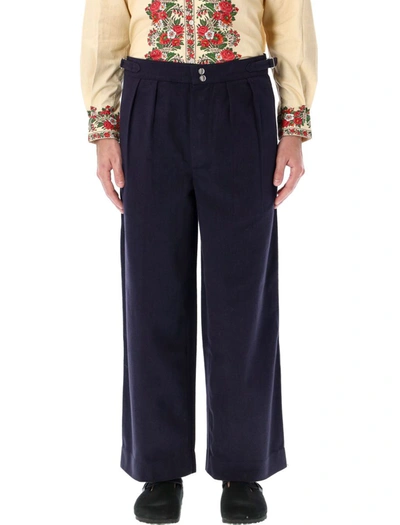 Shop Bode Wide Leg Snap Trousers In Midnight Navy