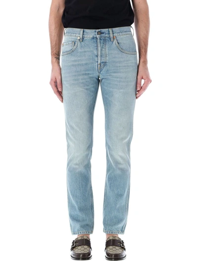 Shop Gucci Tapered Denim Trousers In Light Blue Wash