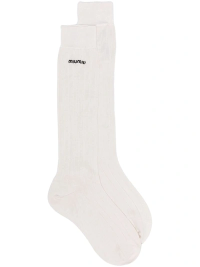 Shop Miu Miu Logo-embroidered Silk Socks In Bianco