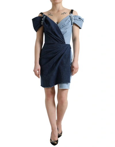 Shop Dolce & Gabbana Blue Patchwork Two Tone Denim Mini Dress