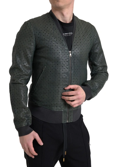 Shop Dolce & Gabbana Green Perforated Leather Bomber Jacket
